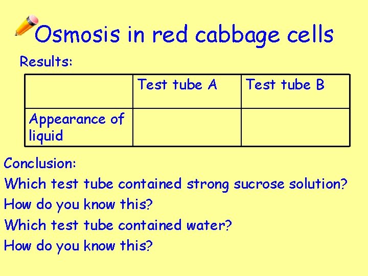 Osmosis in red cabbage cells Results: Test tube A Test tube B Appearance of