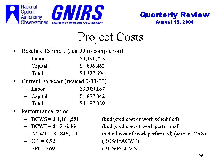 Quarterly Review August 15, 2000 Project Costs • Baseline Estimate (Jan 99 to completion)
