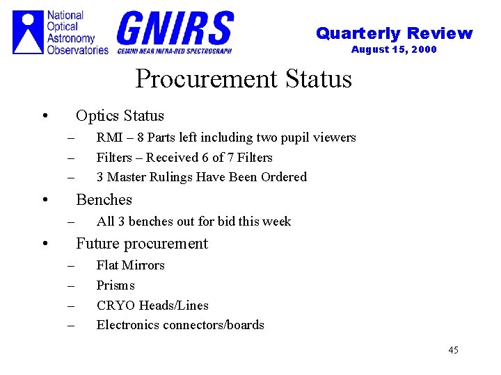 Quarterly Review August 15, 2000 Procurement Status • Optics Status – – – •