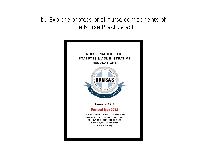b. Explore professional nurse components of the Nurse Practice act 