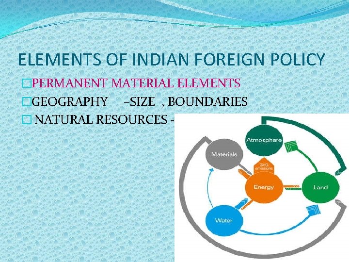 ELEMENTS OF INDIAN FOREIGN POLICY �PERMANENT MATERIAL ELEMENTS �GEOGRAPHY –SIZE , BOUNDARIES � NATURAL