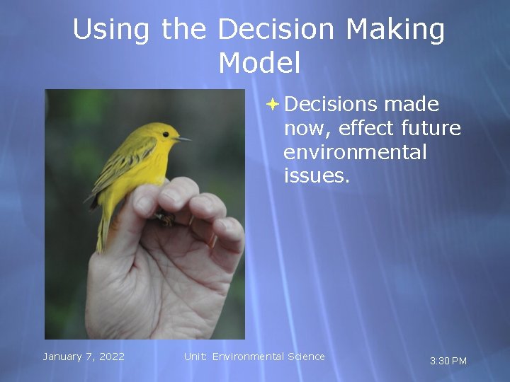 Using the Decision Making Model Decisions made now, effect future environmental issues. January 7,