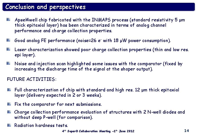 Conclusion and perspectives Apsel 4 well chip fabricated with the INMAPS process (standard resistivity