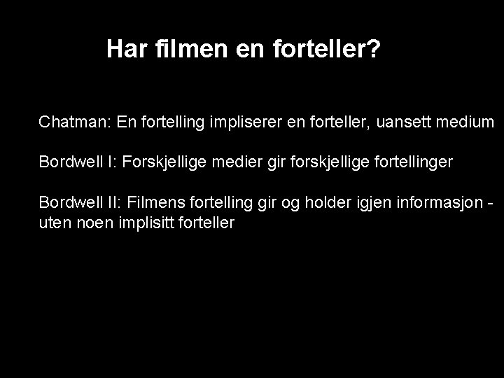 Har filmen en forteller? Chatman: En fortelling impliserer en forteller, uansett medium Bordwell I: