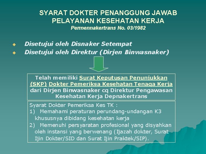 SYARAT DOKTER PENANGGUNG JAWAB PELAYANAN KESEHATAN KERJA Permennakertrans No. 03/1982 u u Disetujui oleh