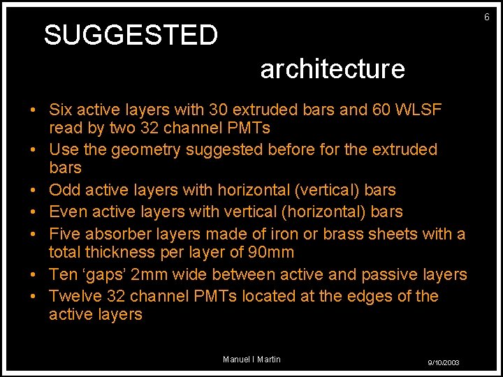 6 SUGGESTED architecture • Six active layers with 30 extruded bars and 60 WLSF