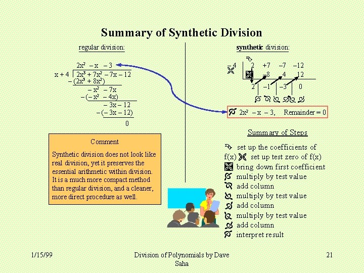 Summary of Synthetic Division regular division: synthetic division: 2 x 2 – x –