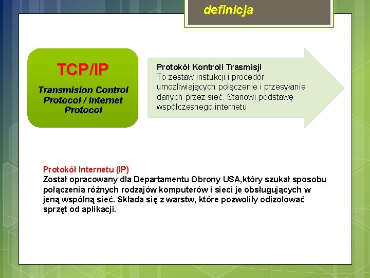 definicja TCP/IP Transmision Control Protocol / Internet Protocol Protokół Kontroli Trasmisji To zestaw instukcji