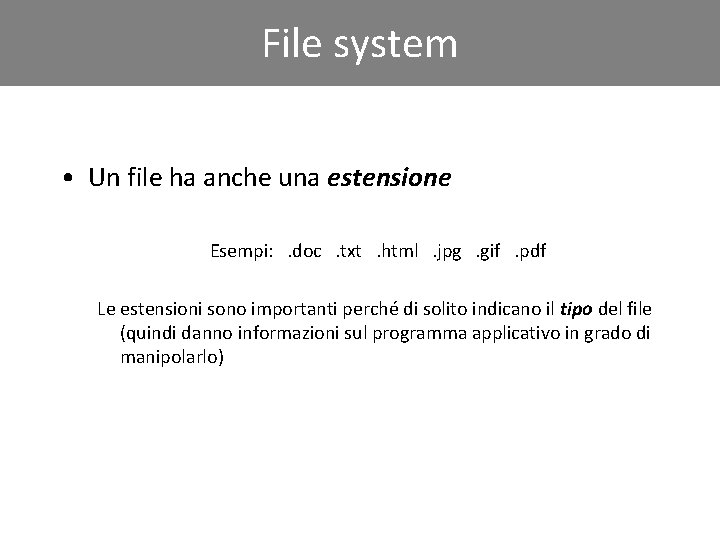 File system • Un file ha anche una estensione Esempi: . doc. txt. html.