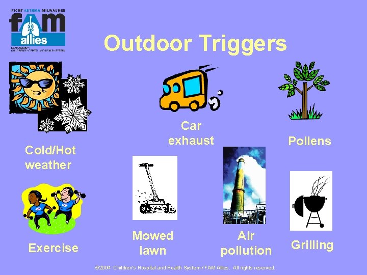 Outdoor Triggers Cold/Hot weather Exercise Car exhaust Mowed lawn Pollens Air pollution © 2004