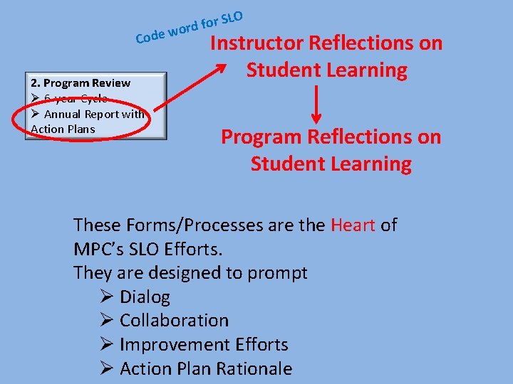 Code 2. Program Review Ø 6 -year Cycle Ø Annual Report with Action Plans