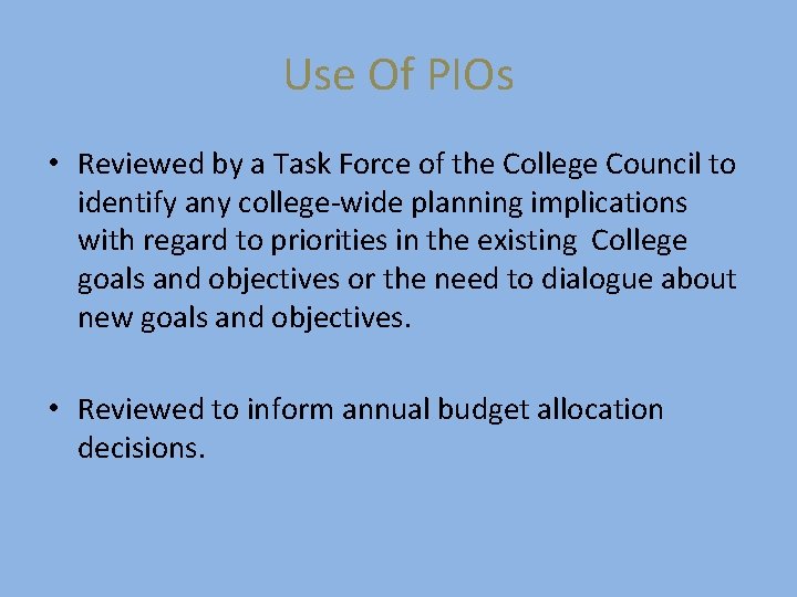Use Of PIOs • Reviewed by a Task Force of the College Council to