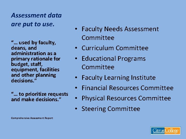 Assessment data are put to use. “… used by faculty, deans, and administration as