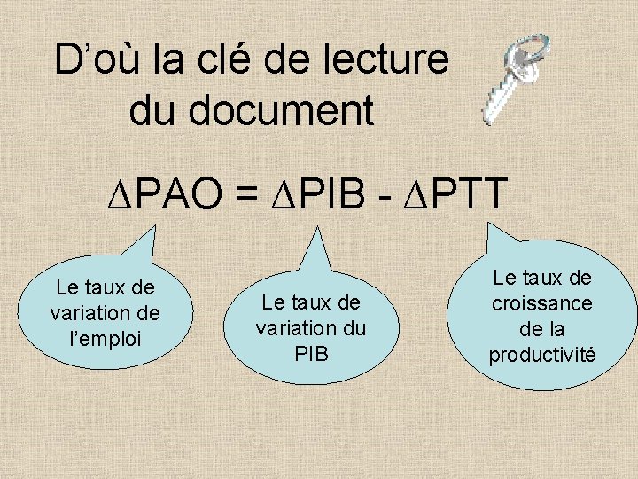 D’où la clé de lecture du document ∆PAO = ∆PIB - ∆PTT Le taux