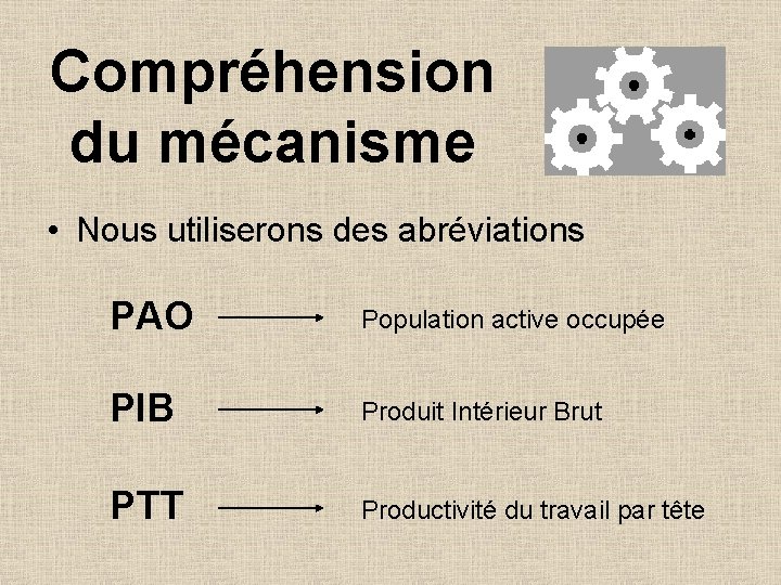 Compréhension du mécanisme • Nous utiliserons des abréviations PAO Population active occupée PIB Produit