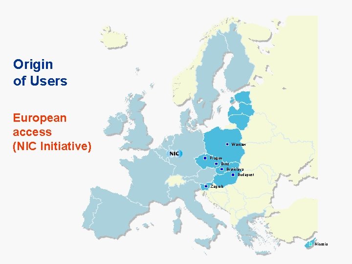 Origin of Users European access (NIC Initiative) Warsaw Prague Brno Bratislava Budapest Zagreb Nicosia