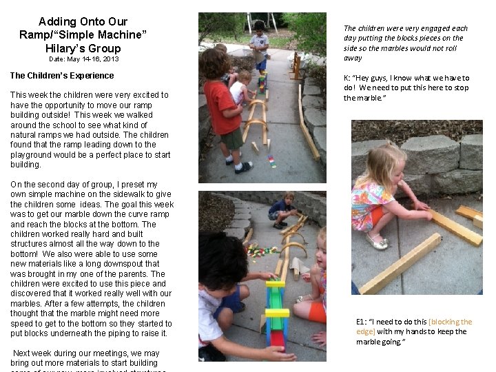 Adding Onto Our Ramp/“Simple Machine” Hilary’s Group Date: May 14 -16, 2013 The Children’s