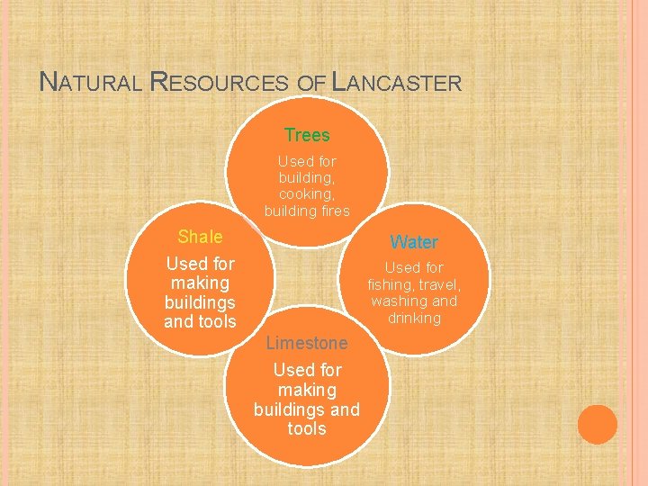 NATURAL RESOURCES OF LANCASTER Trees Used for building, cooking, building fires Shale Used for
