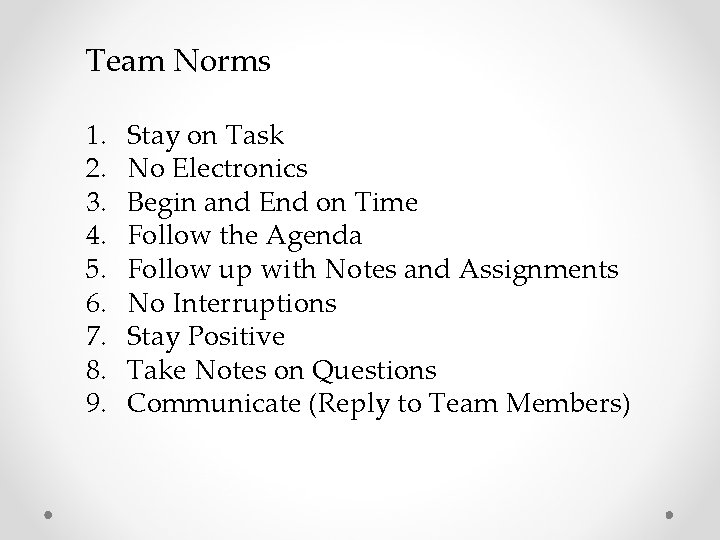 Team Norms 1. 2. 3. 4. 5. 6. 7. 8. 9. Stay on Task