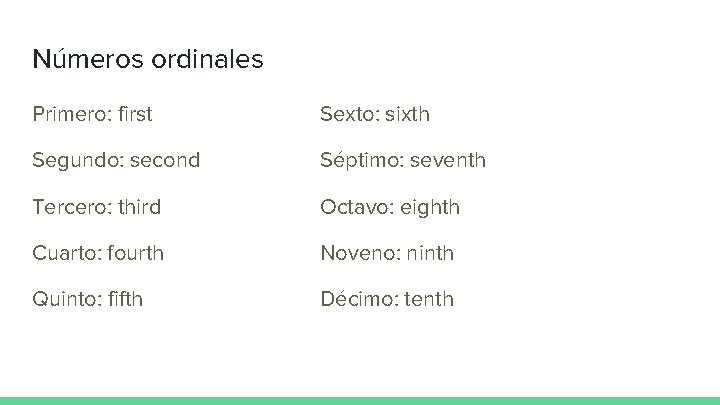 Números ordinales Primero: first Sexto: sixth Segundo: second Séptimo: seventh Tercero: third Octavo: eighth