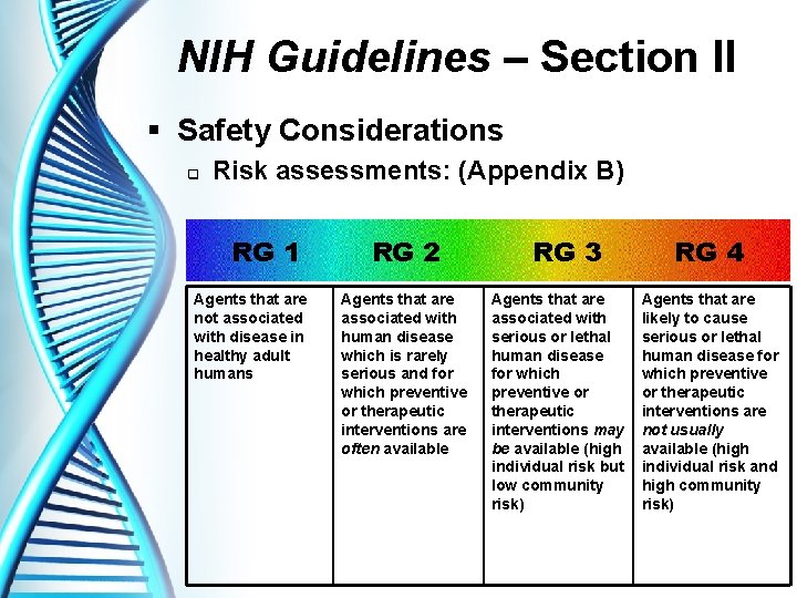 NIH Guidelines – Section II § Safety Considerations q Risk assessments: (Appendix B) RG
