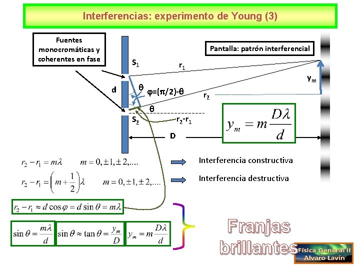 Interferencias: experimento de Young (3) Fuentes monocromáticas y coherentes en fase Pantalla: patrón interferencial