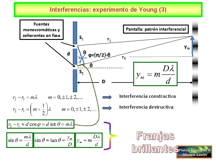 Interferencias: experimento de Young (3) Fuentes monocromáticas y coherentes en fase Pantalla: patrón interferencial