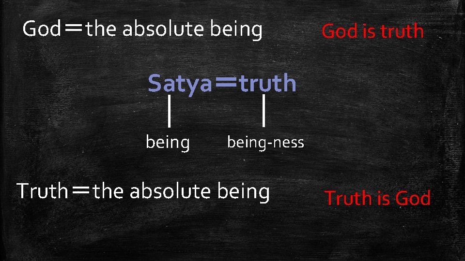 God＝the absolute being God is truth Satya＝truth being-ness Truth＝the absolute being Truth is God