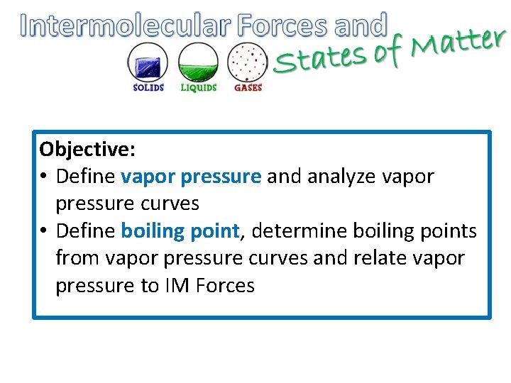 Objective: • Define vapor pressure and analyze vapor pressure curves • Define boiling point,