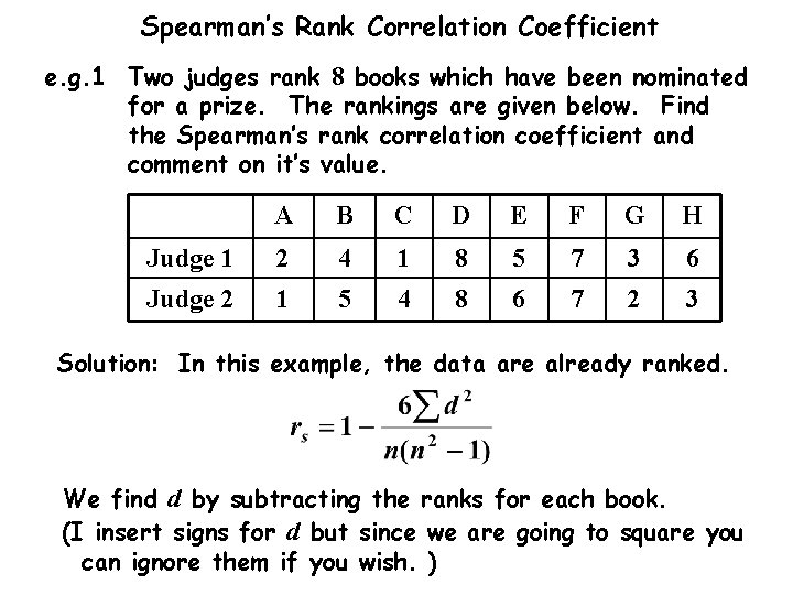 Spearman’s Rank Correlation Coefficient e. g. 1 Two judges rank 8 books which have Spearman’s Rank Correlation Coefficient e. g. 1 Two judges rank 8 books which have