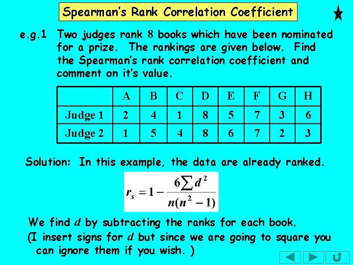 Spearman’s Rank Correlation Coefficient e. g. 1 Two judges rank 8 books which have Spearman’s Rank Correlation Coefficient e. g. 1 Two judges rank 8 books which have