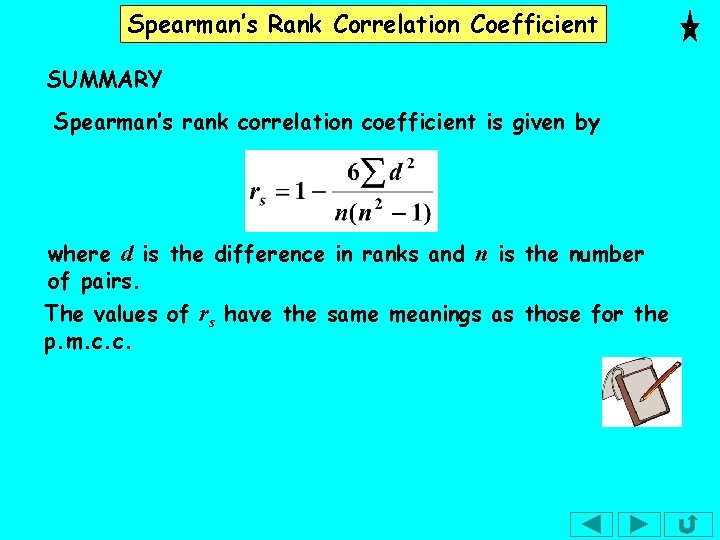 Spearman’s Rank Correlation Coefficient SUMMARY Spearman’s rank correlation coefficient is given by where d Spearman’s Rank Correlation Coefficient SUMMARY Spearman’s rank correlation coefficient is given by where d