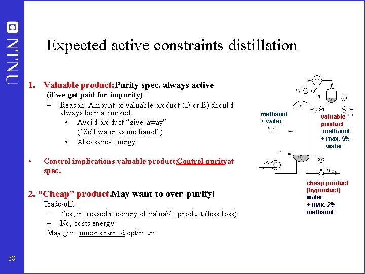 Expected active constraints distillation 1. Valuable product: Purity spec. always active (if we get