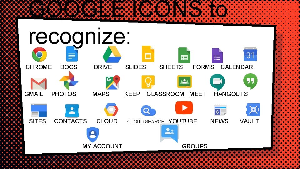 GOOGLE ICONS to recognize: CHROME GMAIL SITES DOCS PHOTOS CONTACTS DRIVE SLIDES MAPS KEEP
