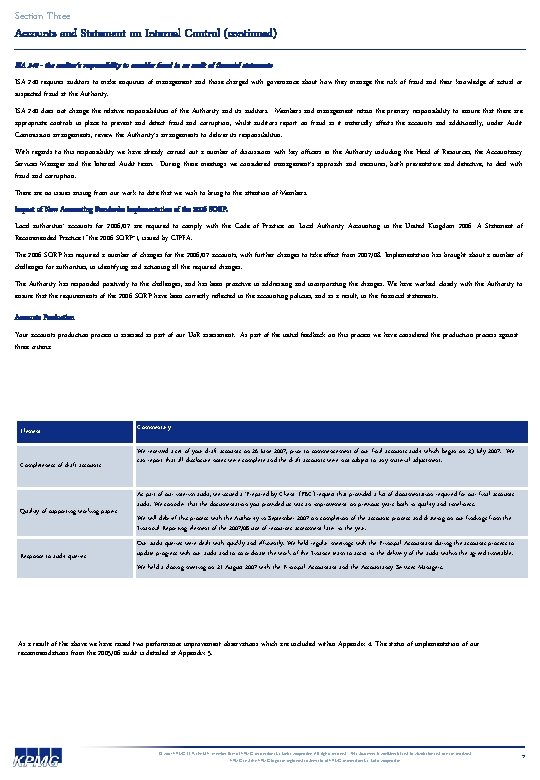 Section Three Accounts and Statement on Internal Control (continued) ISA 240 - the auditor's