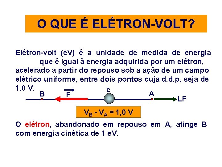 O QUE É ELÉTRON-VOLT? Elétron-volt (e. V) é a unidade de medida de energia