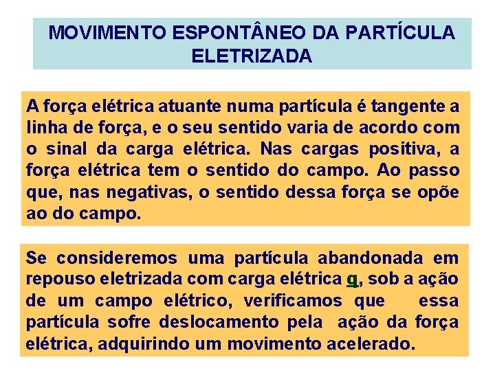 MOVIMENTO ESPONT NEO DA PARTÍCULA ELETRIZADA A força elétrica atuante numa partícula é tangente