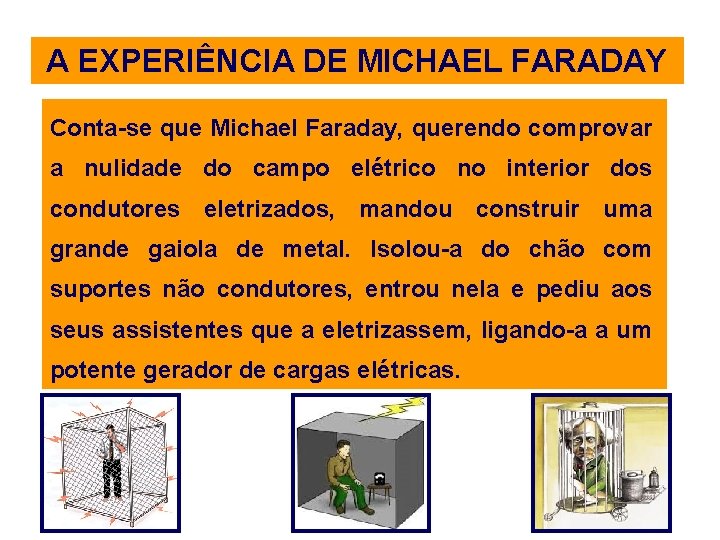 A EXPERIÊNCIA DE MICHAEL FARADAY Conta-se que Michael Faraday, querendo comprovar a nulidade do