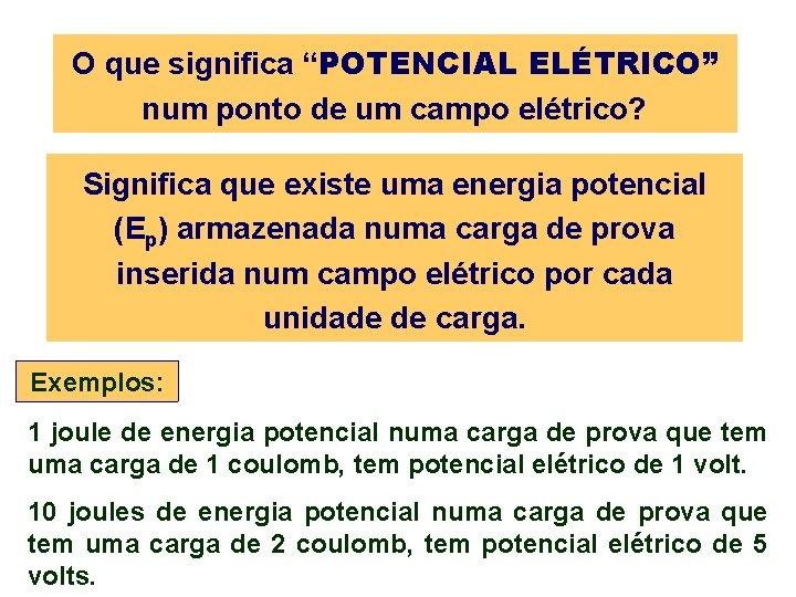 O que significa “POTENCIAL ELÉTRICO” num ponto de um campo elétrico? Significa que existe