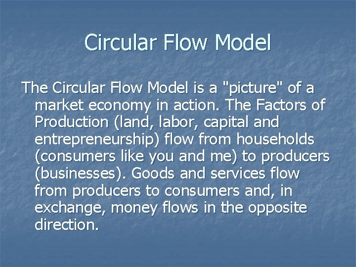 Circular Flow Model The Circular Flow Model is a "picture" of a market economy