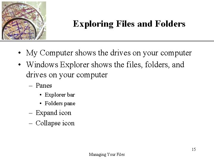 XP Exploring Files and Folders • My Computer shows the drives on your computer