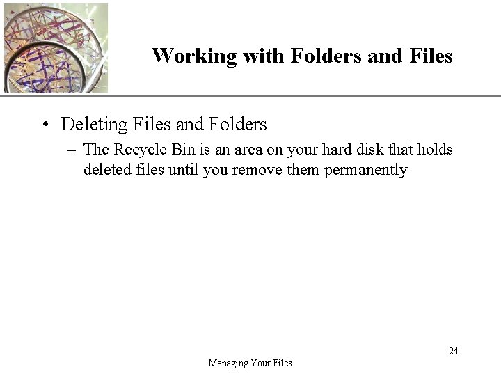 Working with Folders and Files XP • Deleting Files and Folders – The Recycle