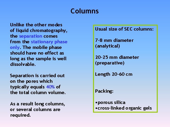 Columns Unlike the other modes of liquid chromatography, the separation comes from the stationary