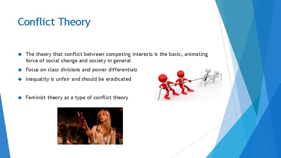 Conflict Theory The theory that conflict between competing interests is the basic, animating force