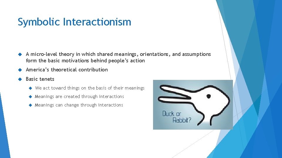 Symbolic Interactionism A micro-level theory in which shared meanings, orientations, and assumptions form the