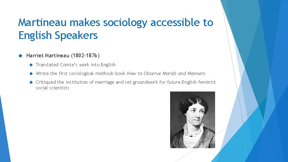 Martineau makes sociology accessible to English Speakers Harriet Martineau (1802 -1876) Translated Comte’s work