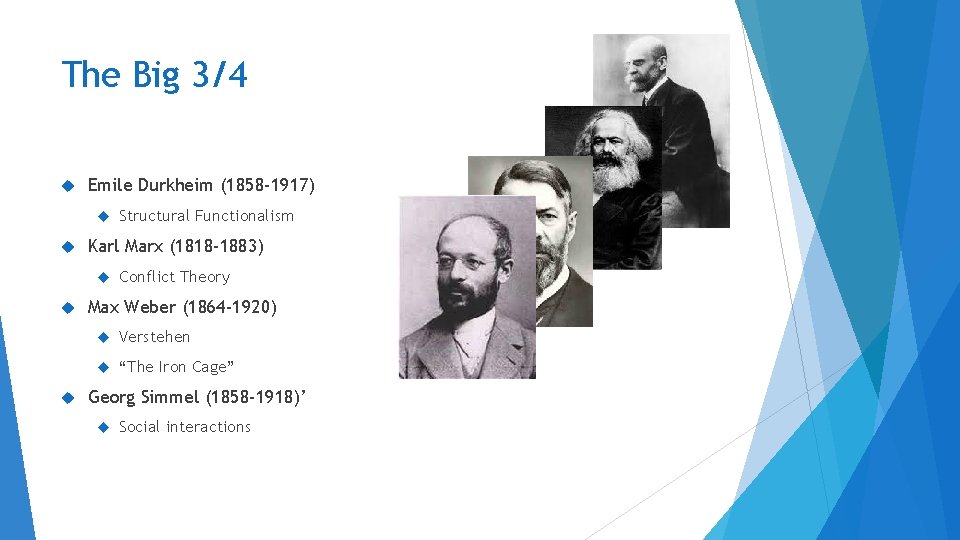 The Big 3/4 Emile Durkheim (1858 -1917) Karl Marx (1818 -1883) Structural Functionalism Conflict