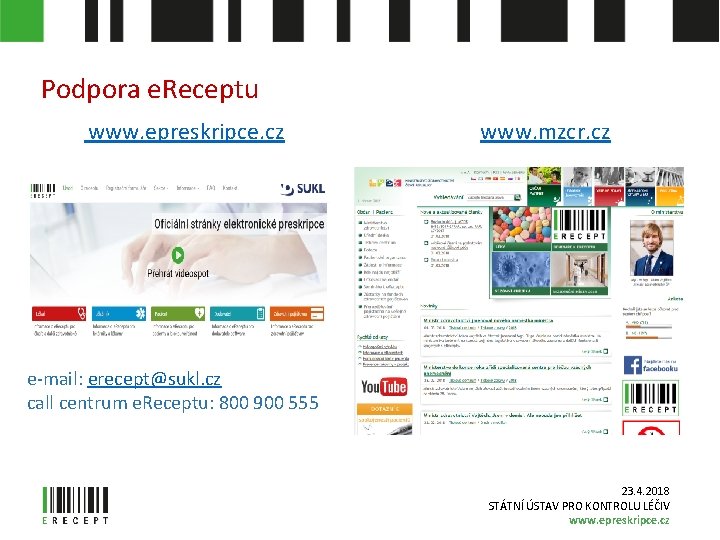 Podpora e. Receptu www. epreskripce. cz www. mzcr. cz e-mail: erecept@sukl. cz call centrum
