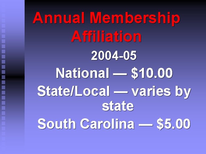 Annual Membership Affiliation 2004 -05 National — $10. 00 State/Local — varies by state