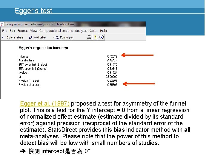 Egger’s test Egger et al. (1997) proposed a test for asymmetry of the funnel